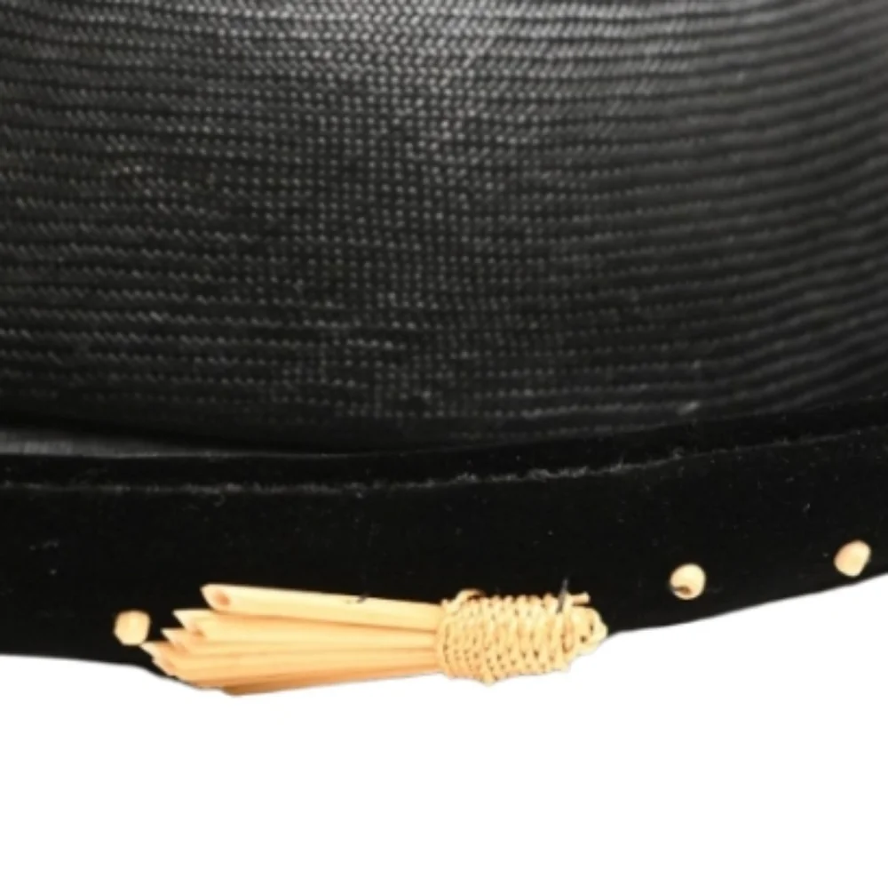 Stephen Anne Custom Black Velvet Straw Hat Wide Brim Gold Tassel Trim